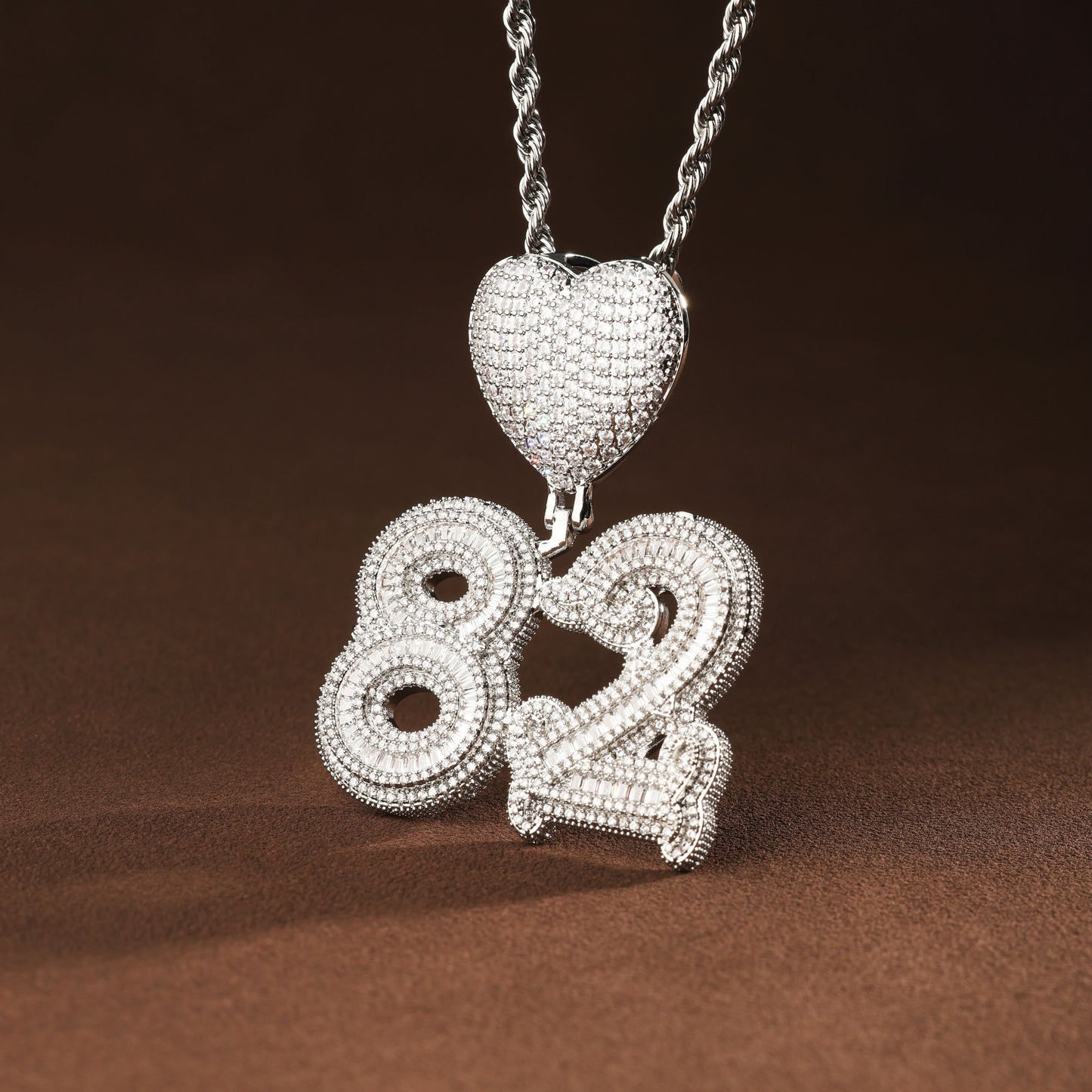 Custom Number and Letter Heart Pendant Necklace Platinum