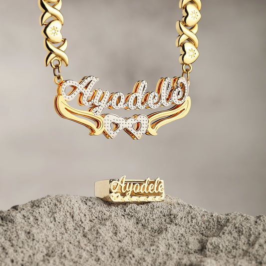 Retro Personalized Name Necklace & Ring Set - Double Heart