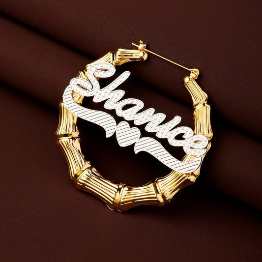 Bamboo Carving Heart Name Hoop Earrings