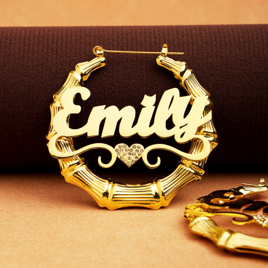 Bamboo Dimond Heart Name Hoop Earrings