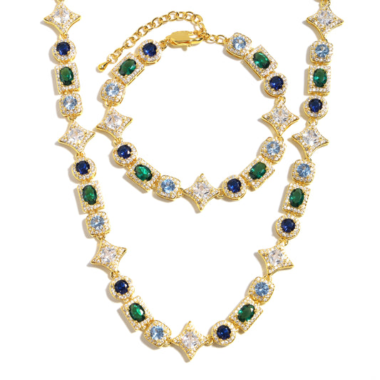 Geometric Colored Gemstone Set (Necklace＆ Bracelet)