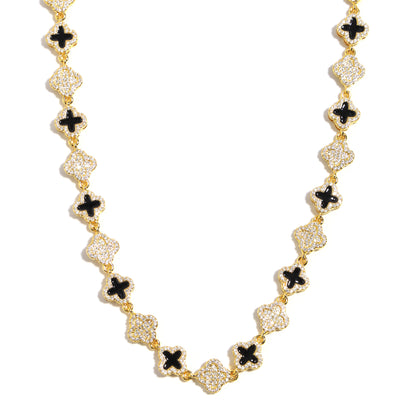 Black Enamel Clover Diamond Gemstone Necklace