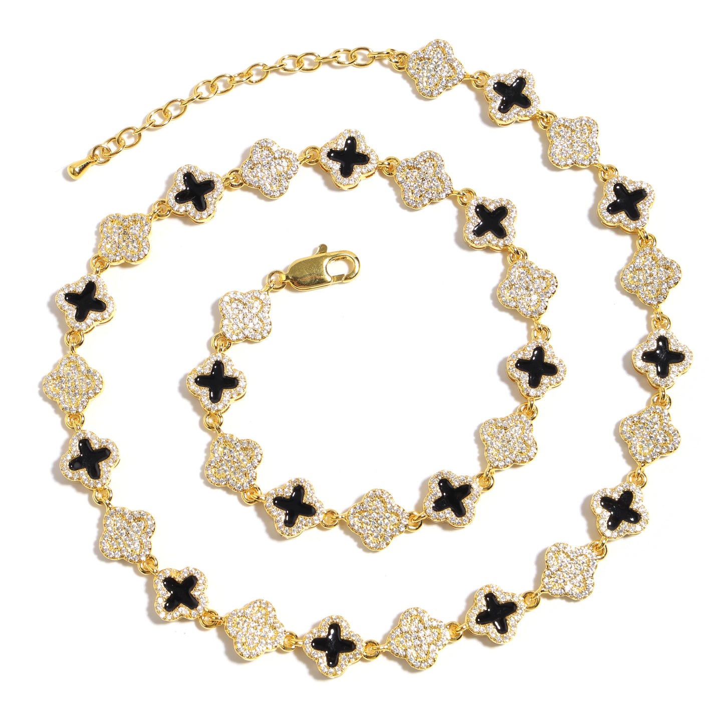 Black Enamel Clover Diamond Gemstone Necklace