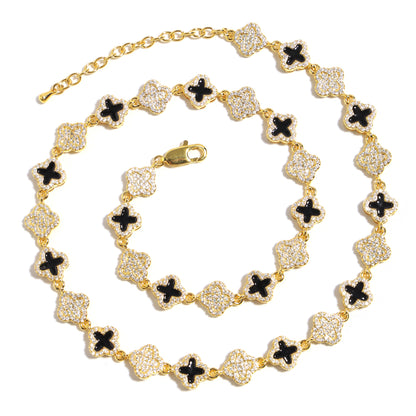 Black Enamel Clover Diamond Gemstone Necklace