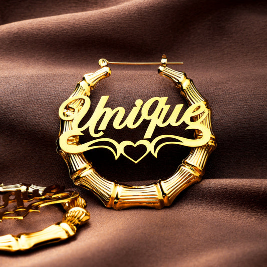 Bamboo Hollowed-out Heart Name Hoop Earrings