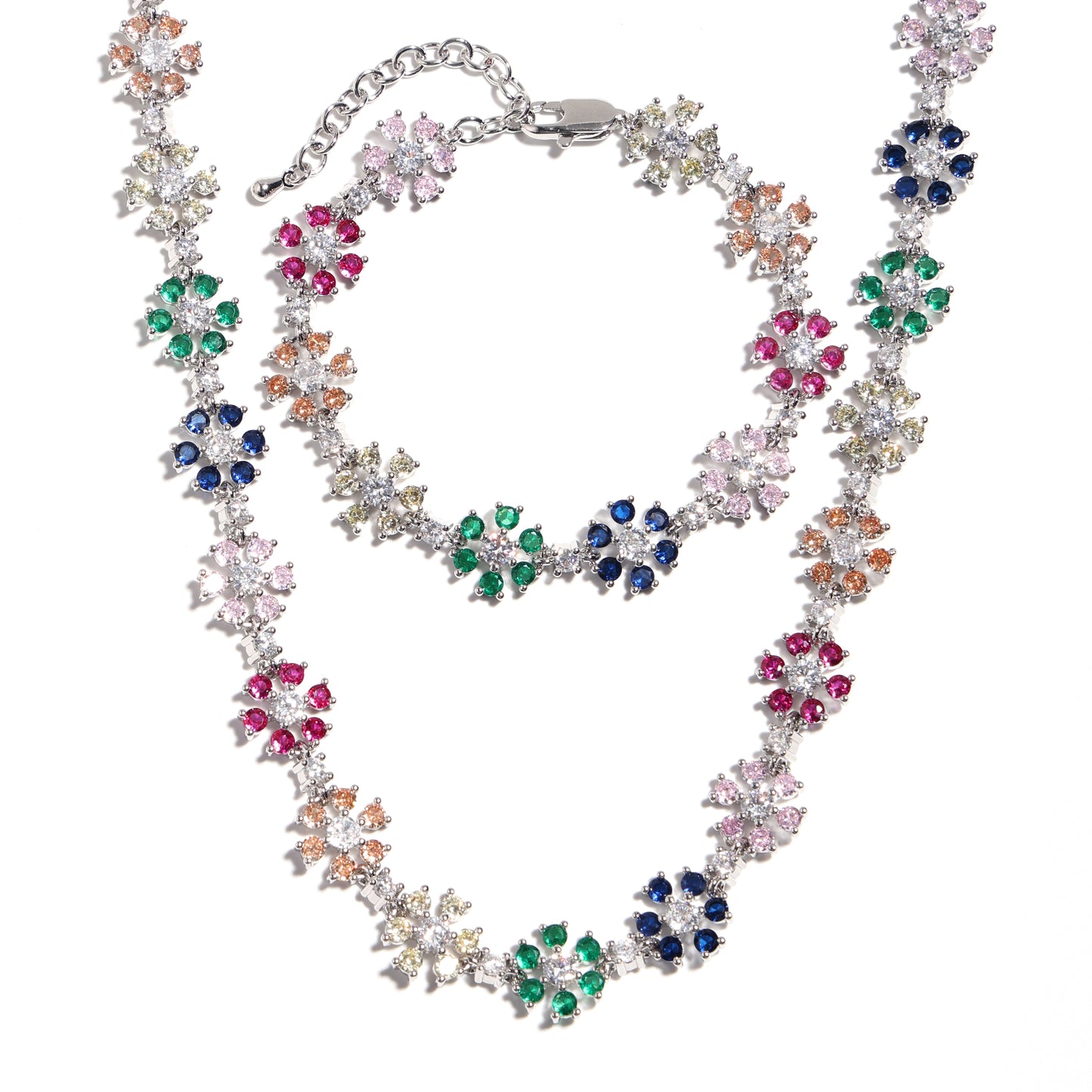 Blooming Sparkle: Colorful Diamond Flower Chain Necklace