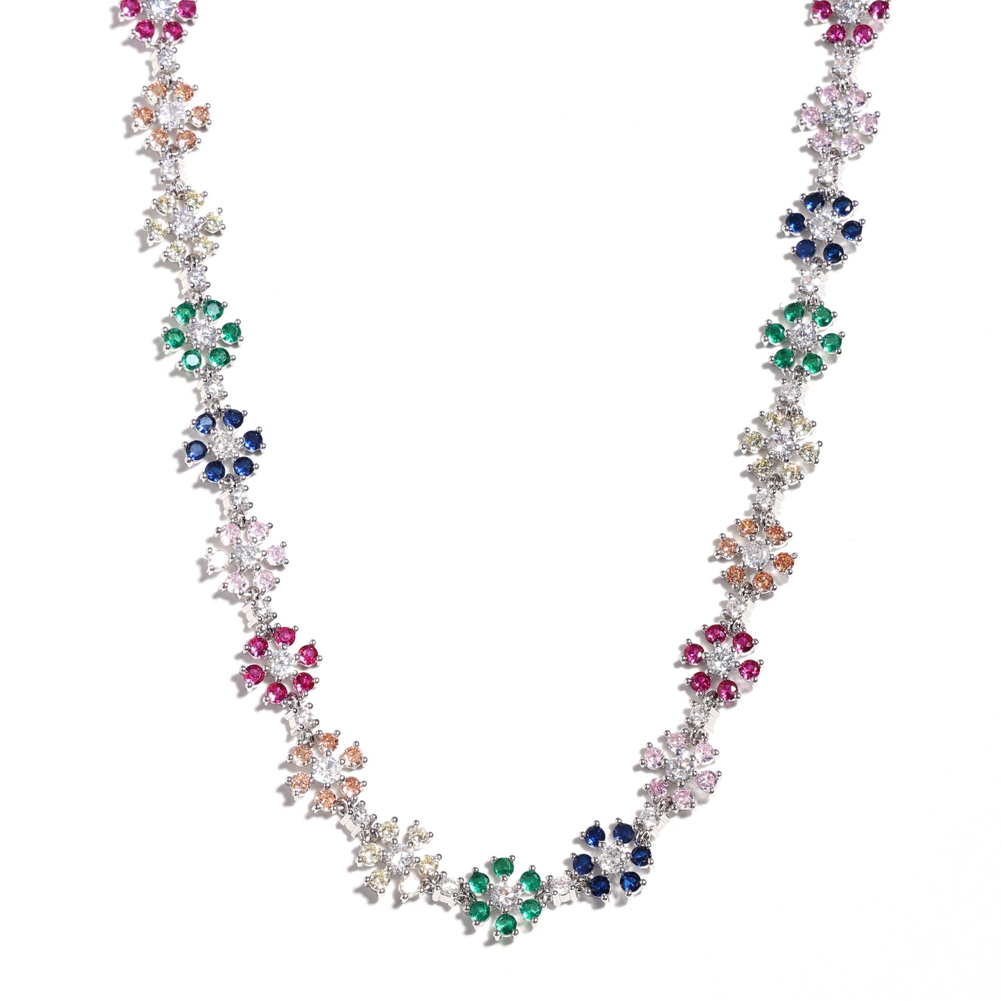 Blooming Sparkle: Colorful Diamond Flower Chain Necklace