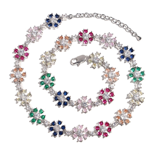 Blooming Sparkle: Colorful Diamond Flower Chain Necklace
