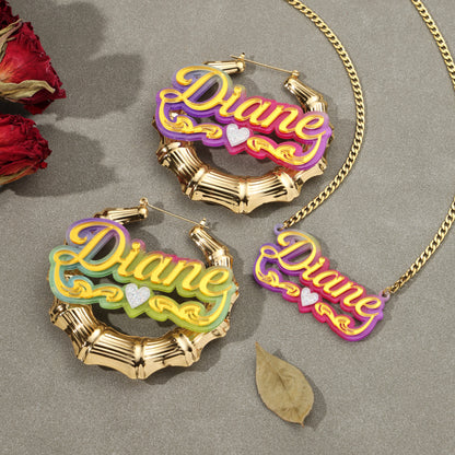 Colorful Bamboo Name Hoop Earrings and Necklace Set