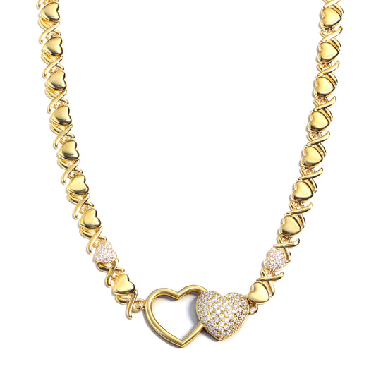 Entwined Hearts XO Chain Necklace: Hollow & Pave Diamond Duo