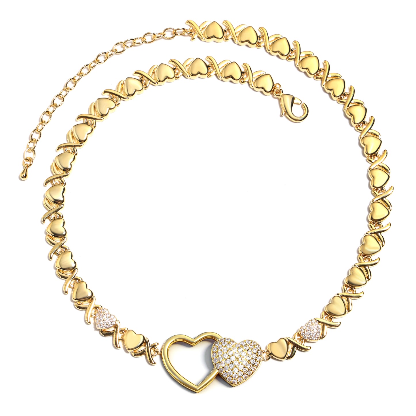 Entwined Hearts XO Chain Necklace: Hollow & Pave Diamond Duo