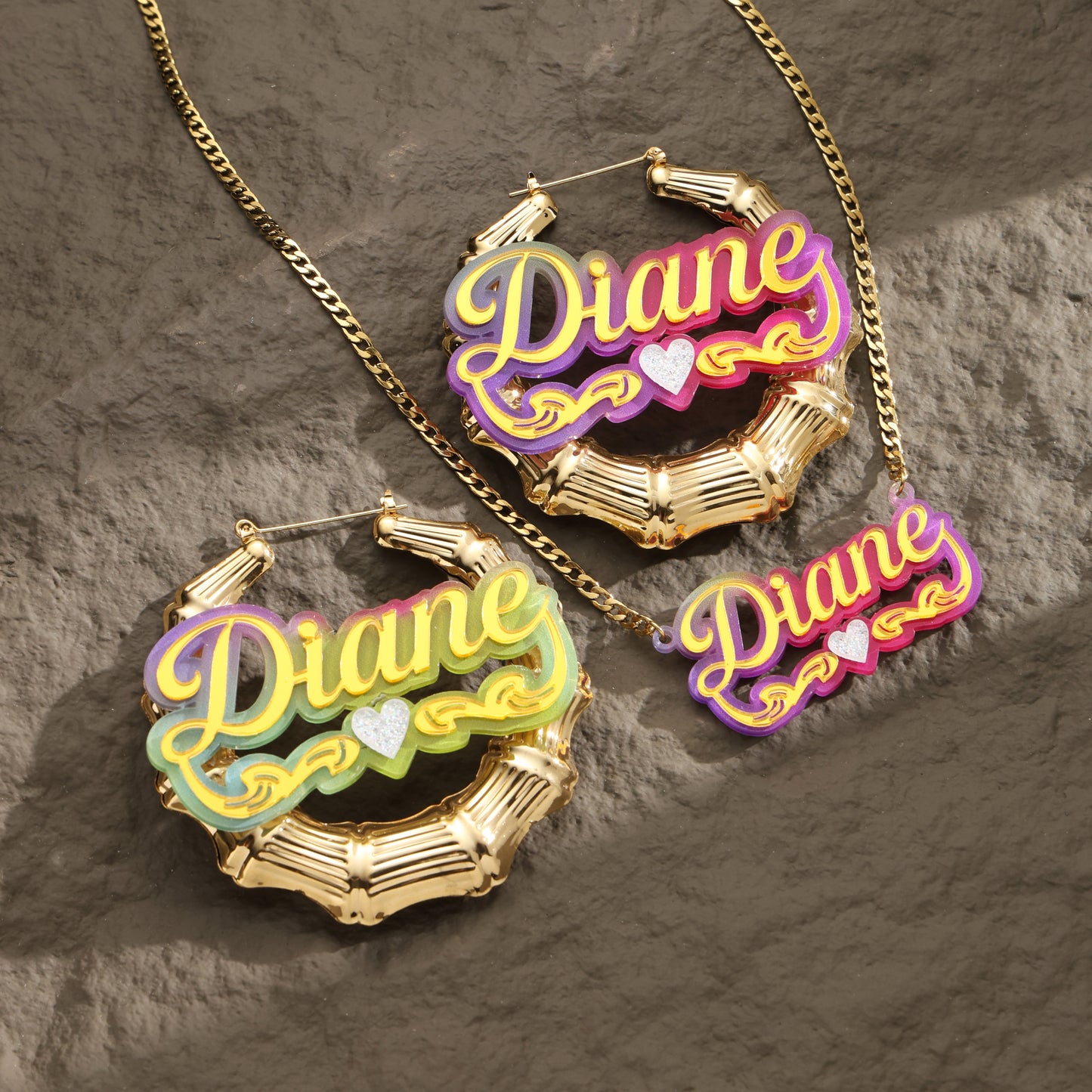 Colorful Bamboo Name Hoop Earrings and Necklace Set