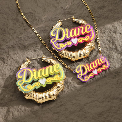 Colorful Bamboo Name Hoop Earrings and Necklace Set