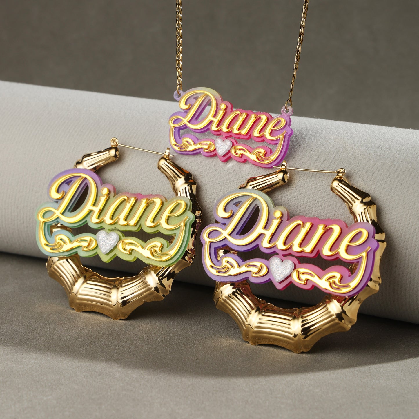 Colorful Bamboo Name Hoop Earrings and Necklace Set