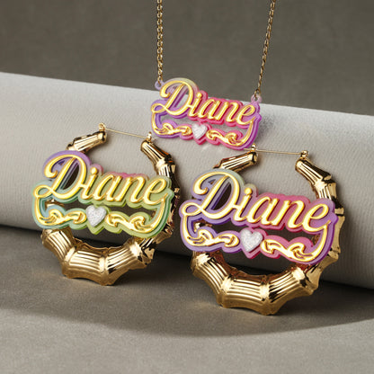 Colorful Bamboo Name Hoop Earrings and Necklace Set