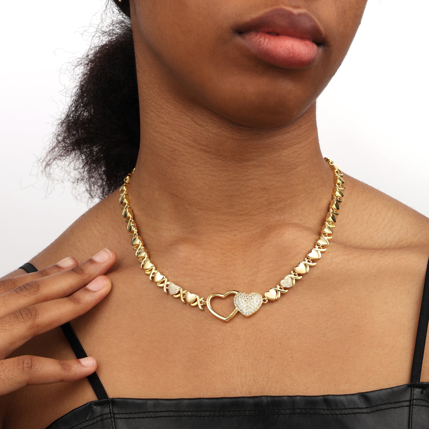 Entwined Hearts XO Chain Necklace: Hollow & Pave Diamond Duo