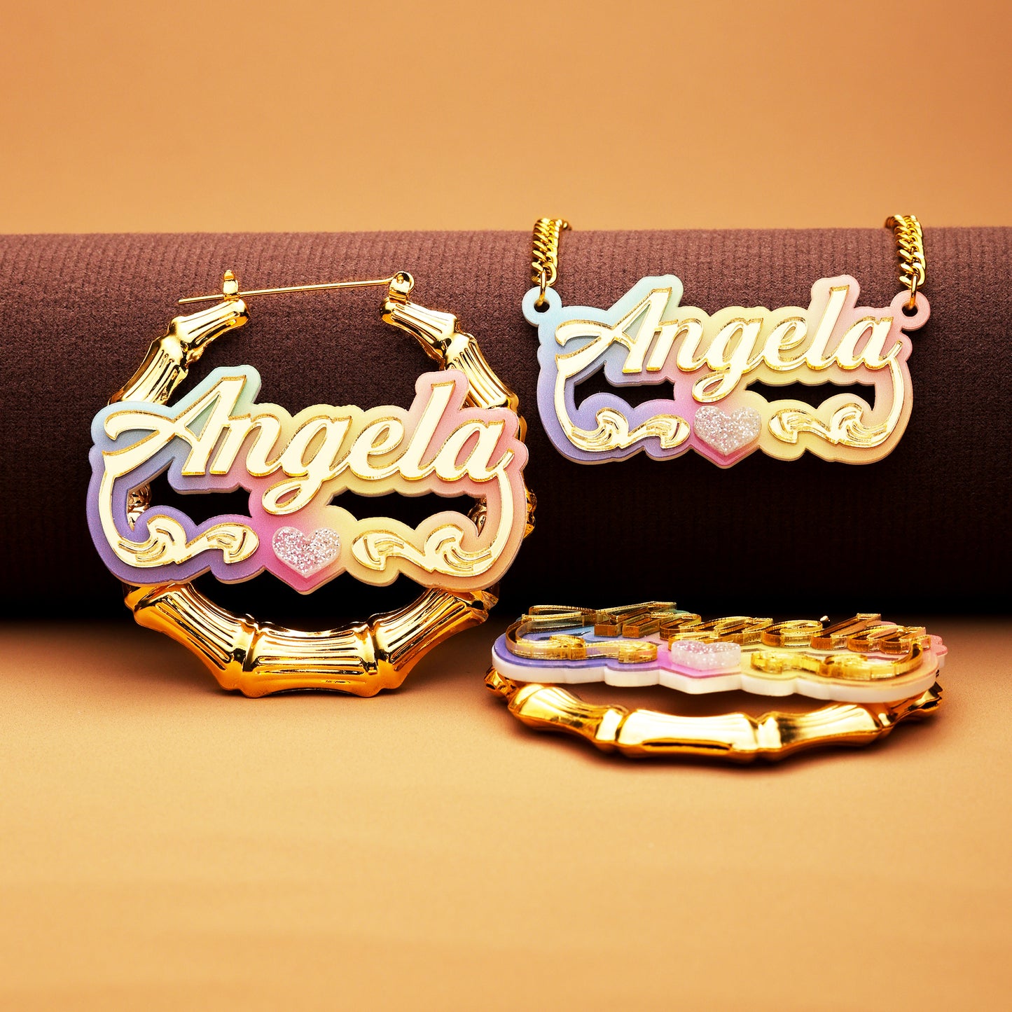 Colorful Bamboo Name Hoop Earrings and Necklace Set