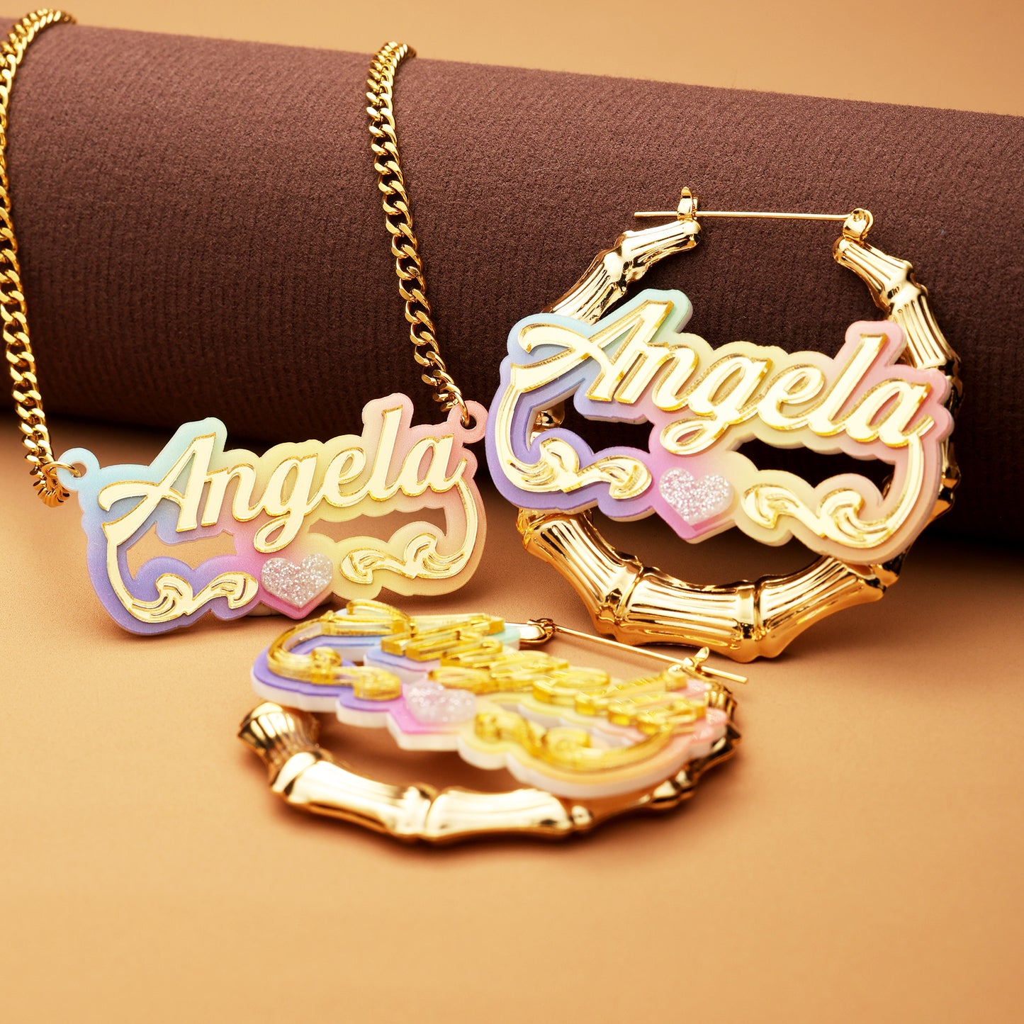 Colorful Bamboo Name Hoop Earrings and Necklace Set