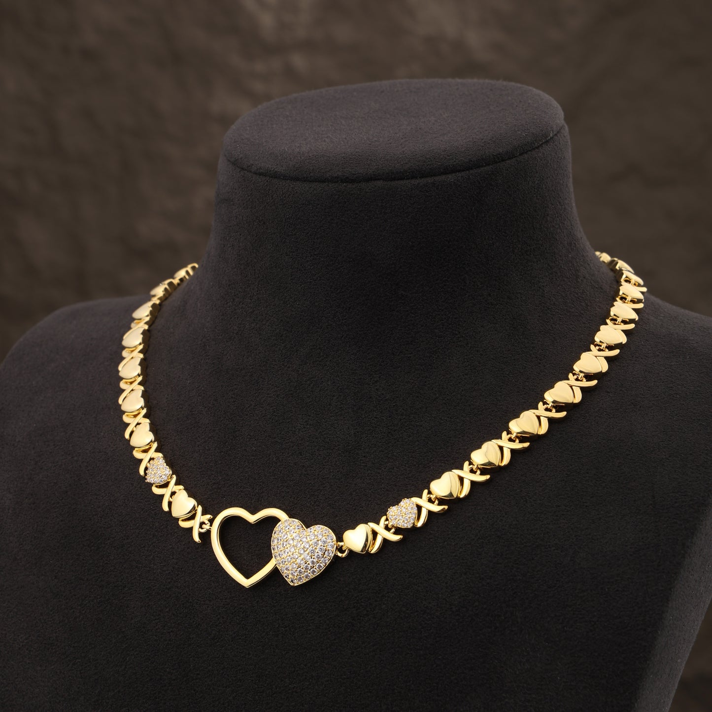 Entwined Hearts XO Chain Necklace: Hollow & Pave Diamond Duo