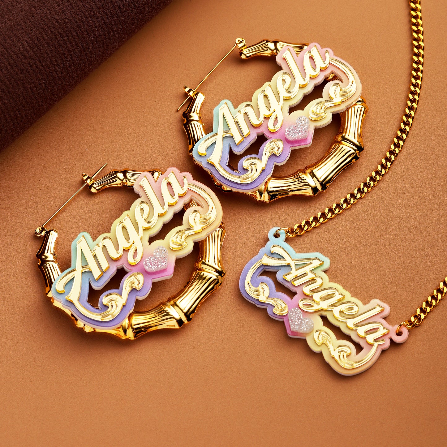 Colorful Bamboo Name Hoop Earrings and Necklace Set