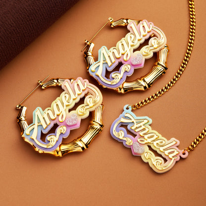 Colorful Bamboo Name Hoop Earrings and Necklace Set