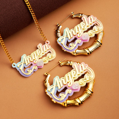 Colorful Bamboo Name Hoop Earrings and Necklace Set