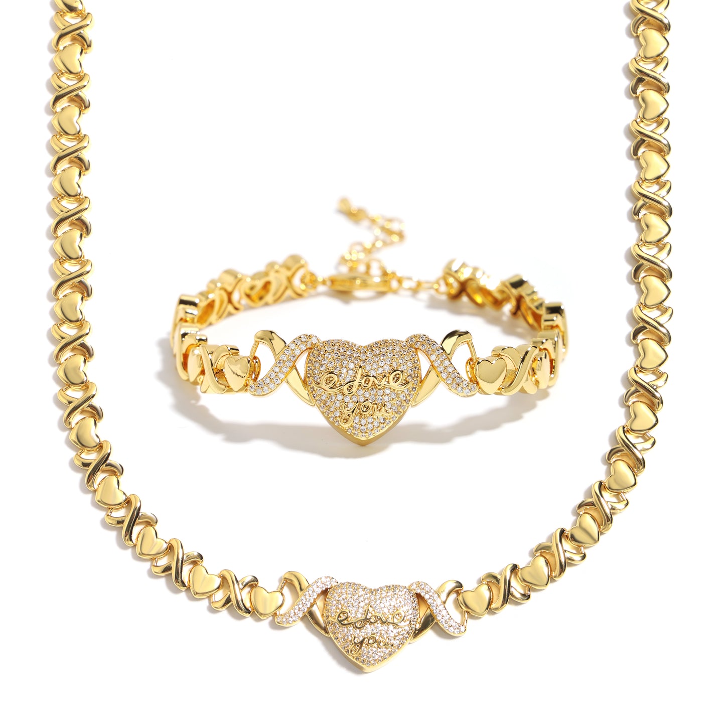 "LOVE YOU" Engraved Heart Pendant Necklace with XO Chain Links