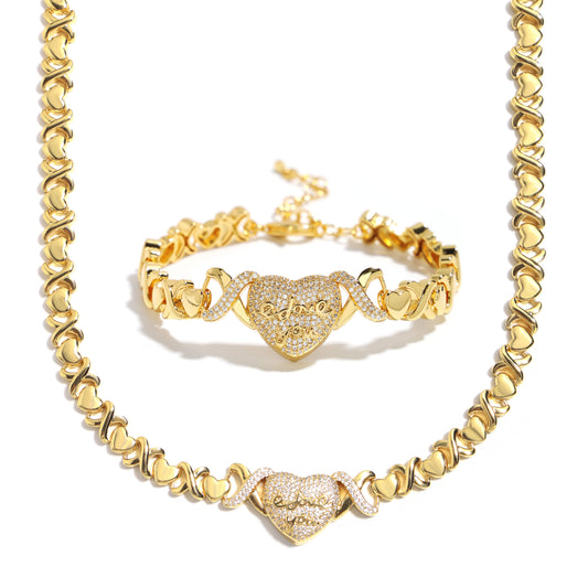 "LOVE YOU" Engraved Heart Pendant Necklace with XO Chain Links
