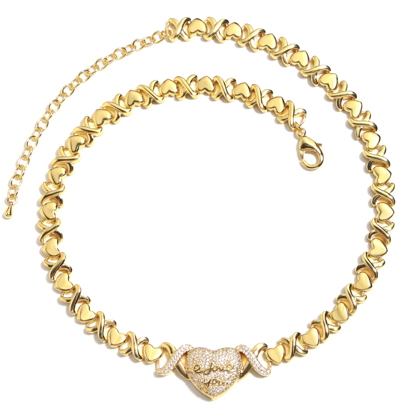 "LOVE YOU" Engraved Heart Pendant Necklace with XO Chain Links
