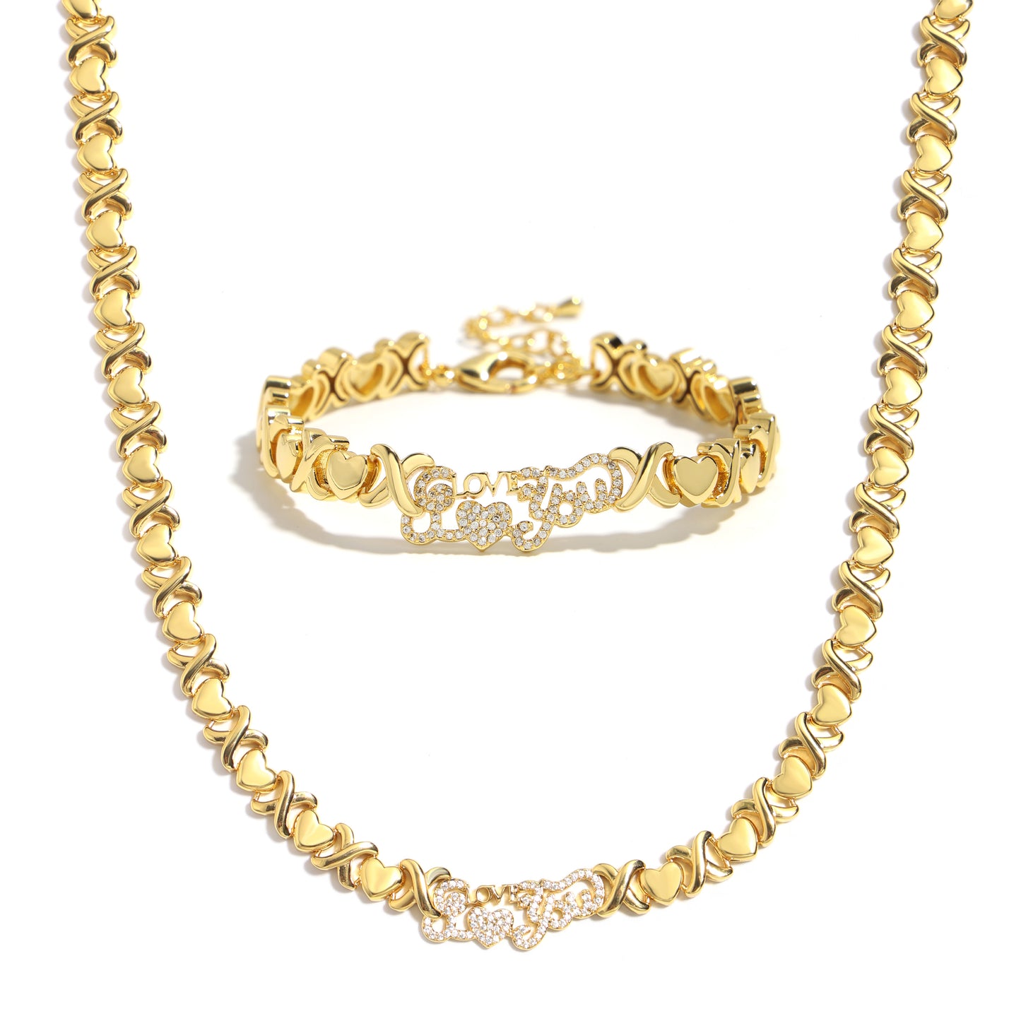 Engraved LOVE Emblem with Heart XO Link Necklace