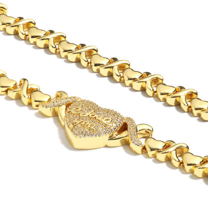 "LOVE YOU" Engraved Heart Pendant Necklace with XO Chain Links