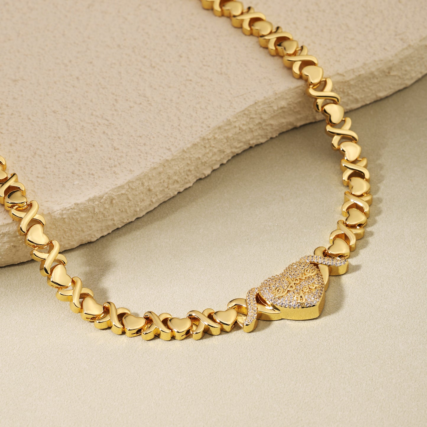 "LOVE YOU" Engraved Heart Pendant Necklace with XO Chain Links