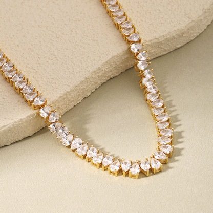Gold Plated Pear Tennis Necklace CZ Paved Link Chain