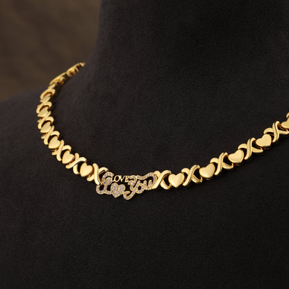 Engraved LOVE Emblem with Heart XO Link Necklace