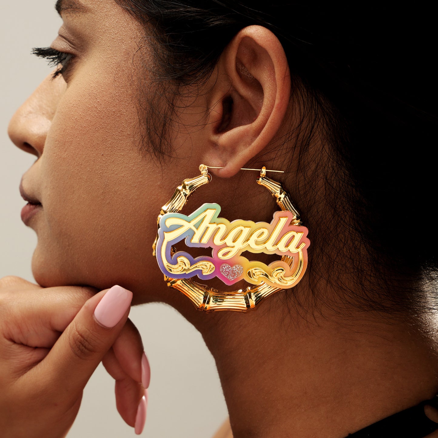Colorful Bamboo Name Hoop Earrings and Necklace Set