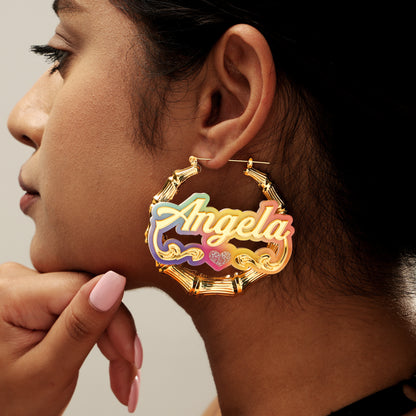 Colorful Bamboo Name Hoop Earrings and Necklace Set