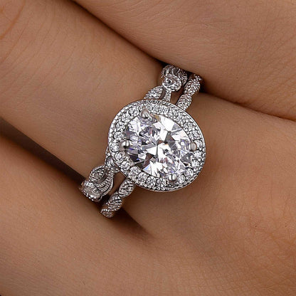 Vintage Leaf & Vine  Art Deco Halo Oval Cut Ring Set