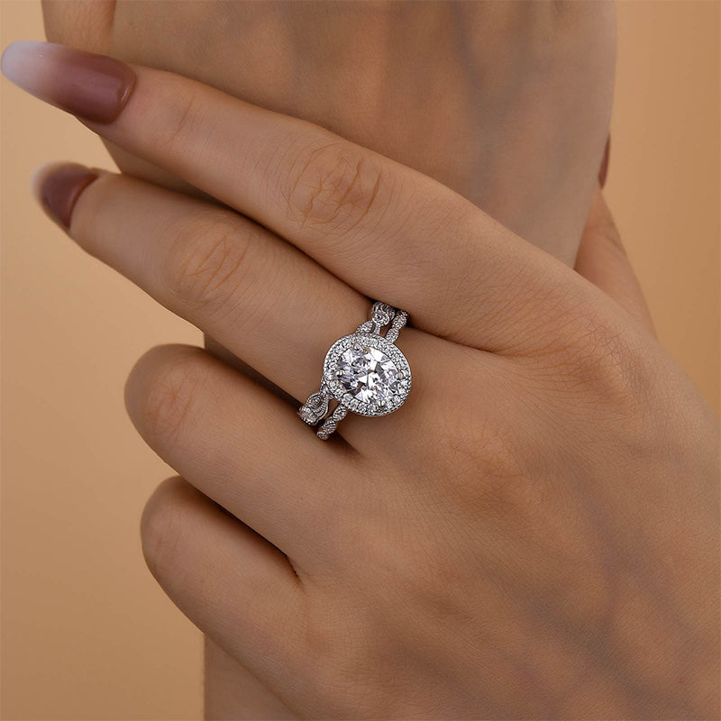 Vintage Leaf & Vine  Art Deco Halo Oval Cut Ring Set