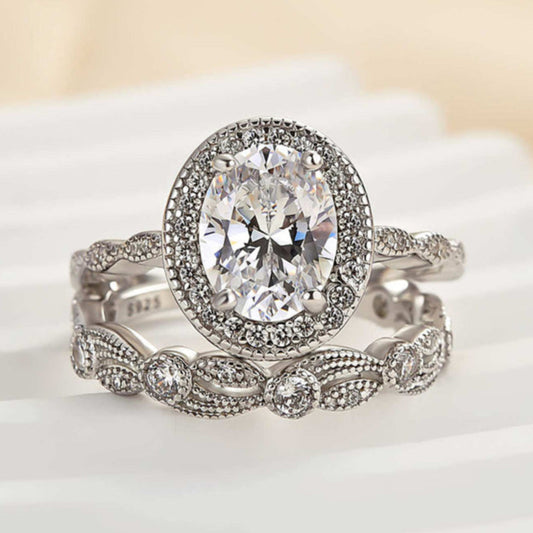 Vintage Leaf & Vine  Art Deco Halo Oval Cut Ring Set