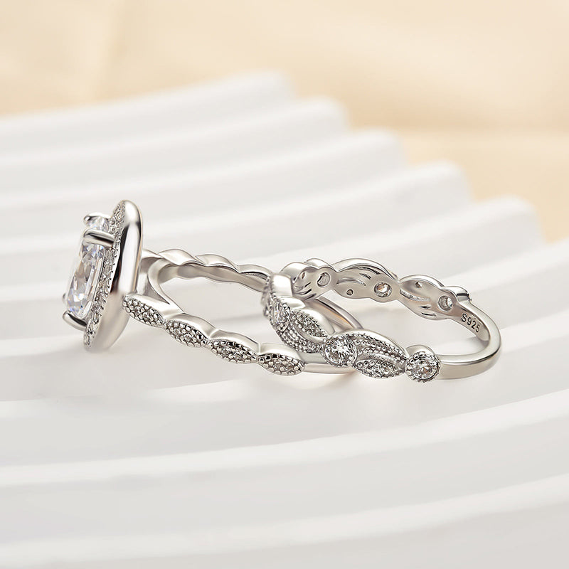 Vintage Leaf & Vine  Art Deco Halo Oval Cut Ring Set