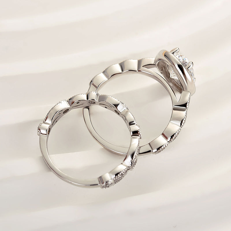 Vintage Leaf & Vine  Art Deco Halo Oval Cut Ring Set