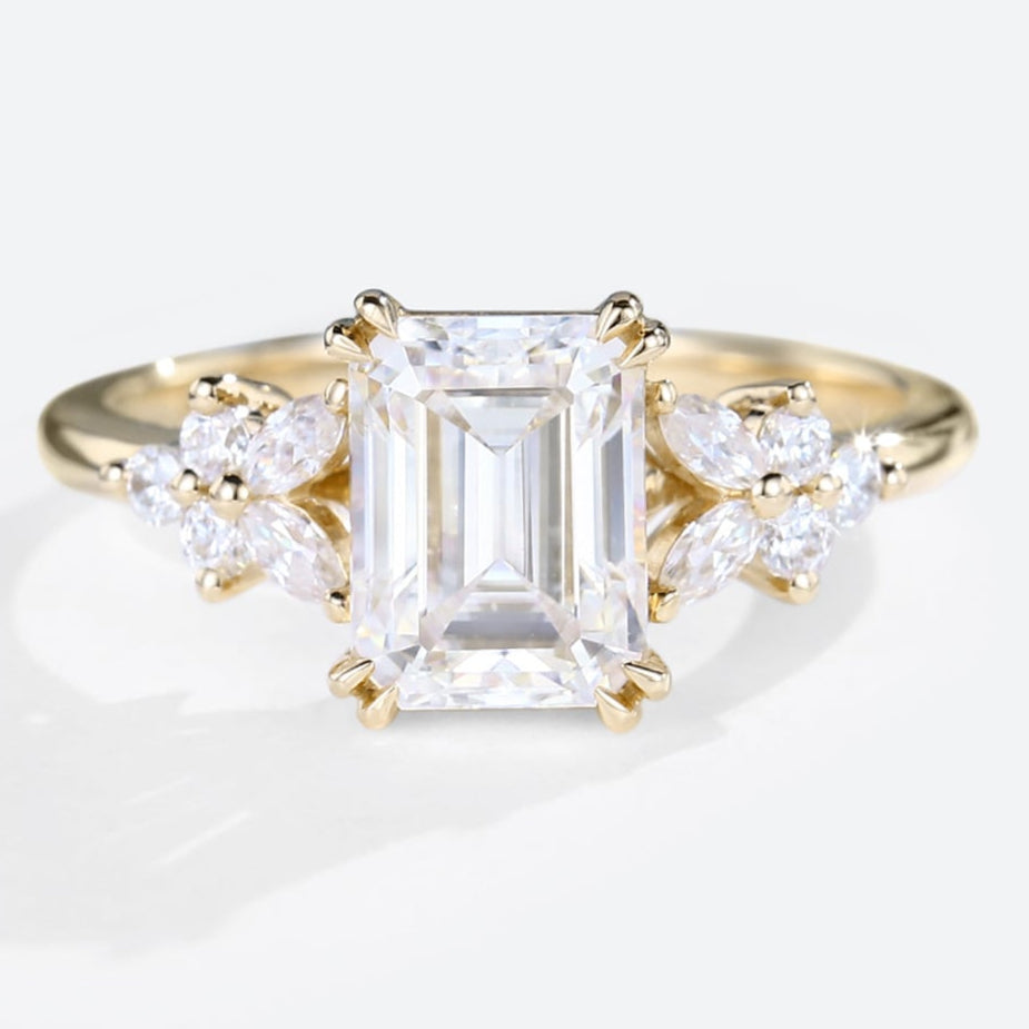 Emerald Cut  Moissanite Engagement Ring Cluster Bridal Ring
