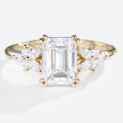 Emerald Cut  Moissanite Engagement Ring Cluster Bridal Ring