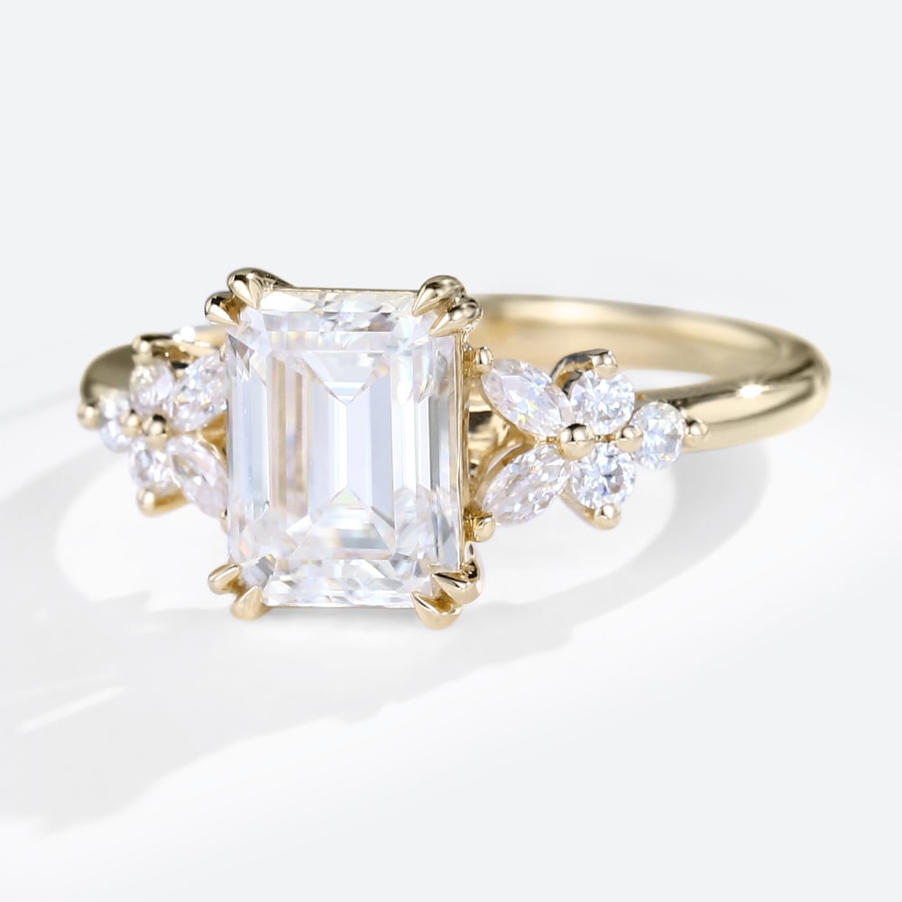 Emerald Cut  Moissanite Engagement Ring Cluster Bridal Ring
