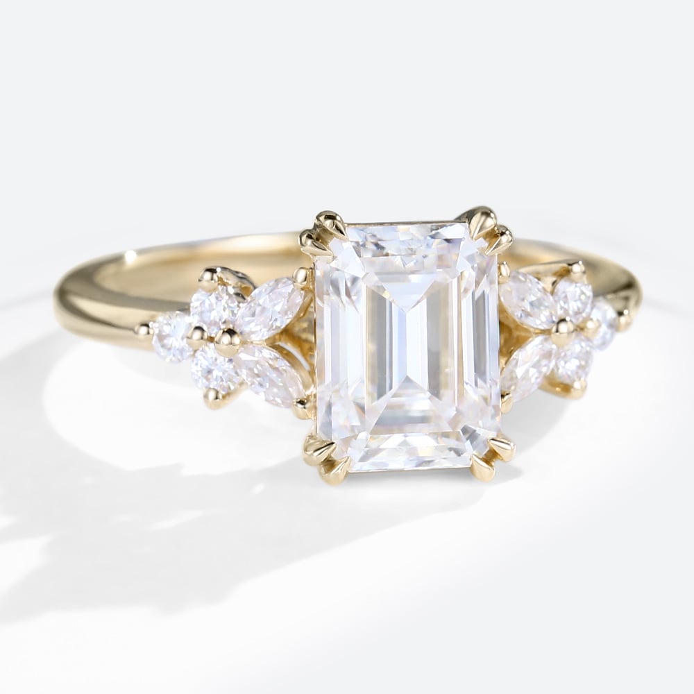 Emerald Cut  Moissanite Engagement Ring Cluster Bridal Ring