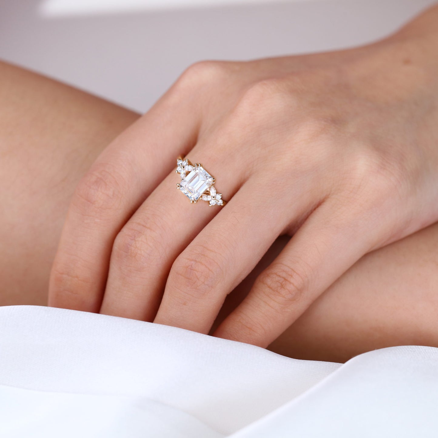 Emerald Cut  Moissanite Engagement Ring Cluster Bridal Ring