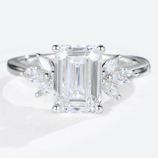 Emerald Cut Moissanite Engagement Ring Marquise Accented Bridal Ring