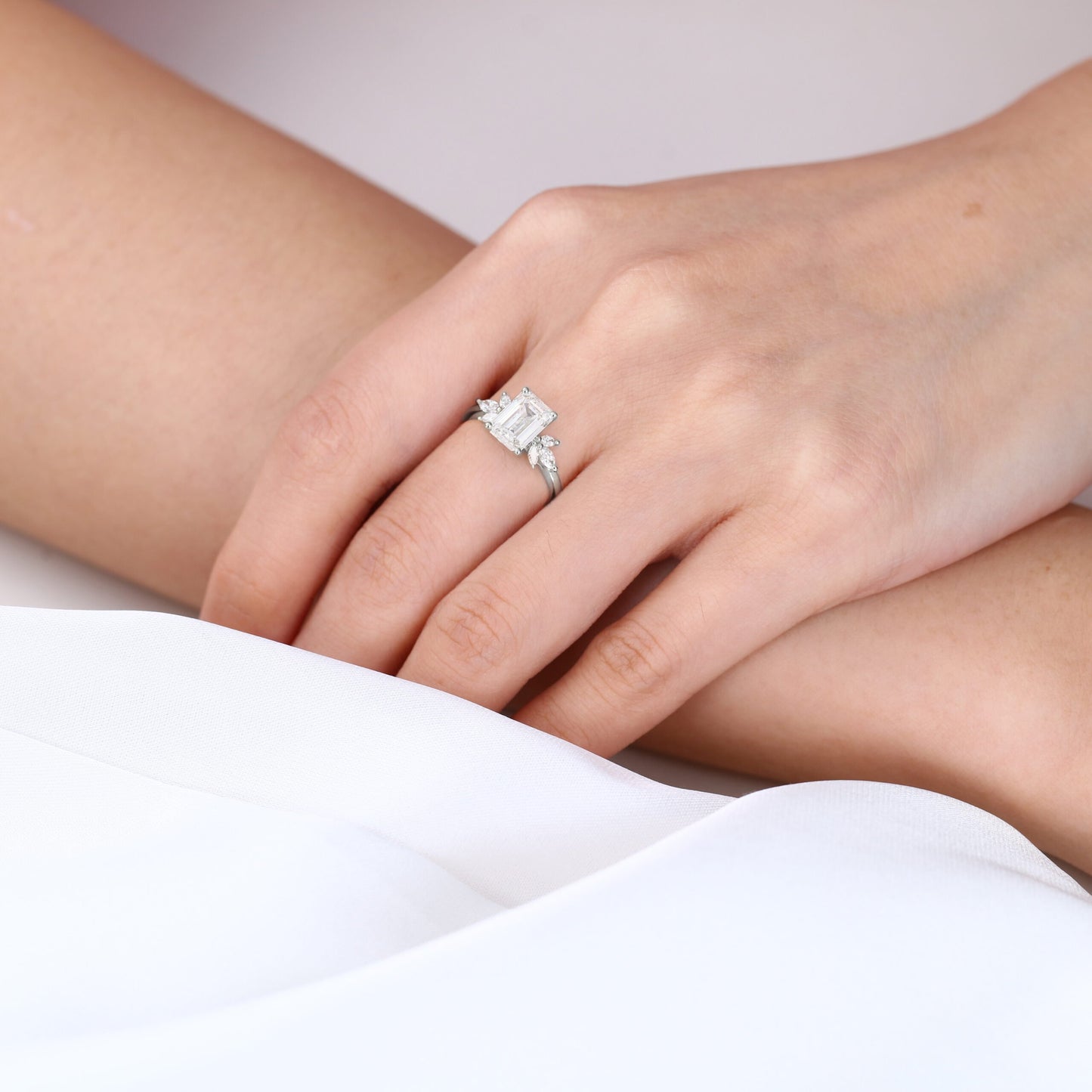Emerald Cut Moissanite Engagement Ring Marquise Accented Bridal Ring