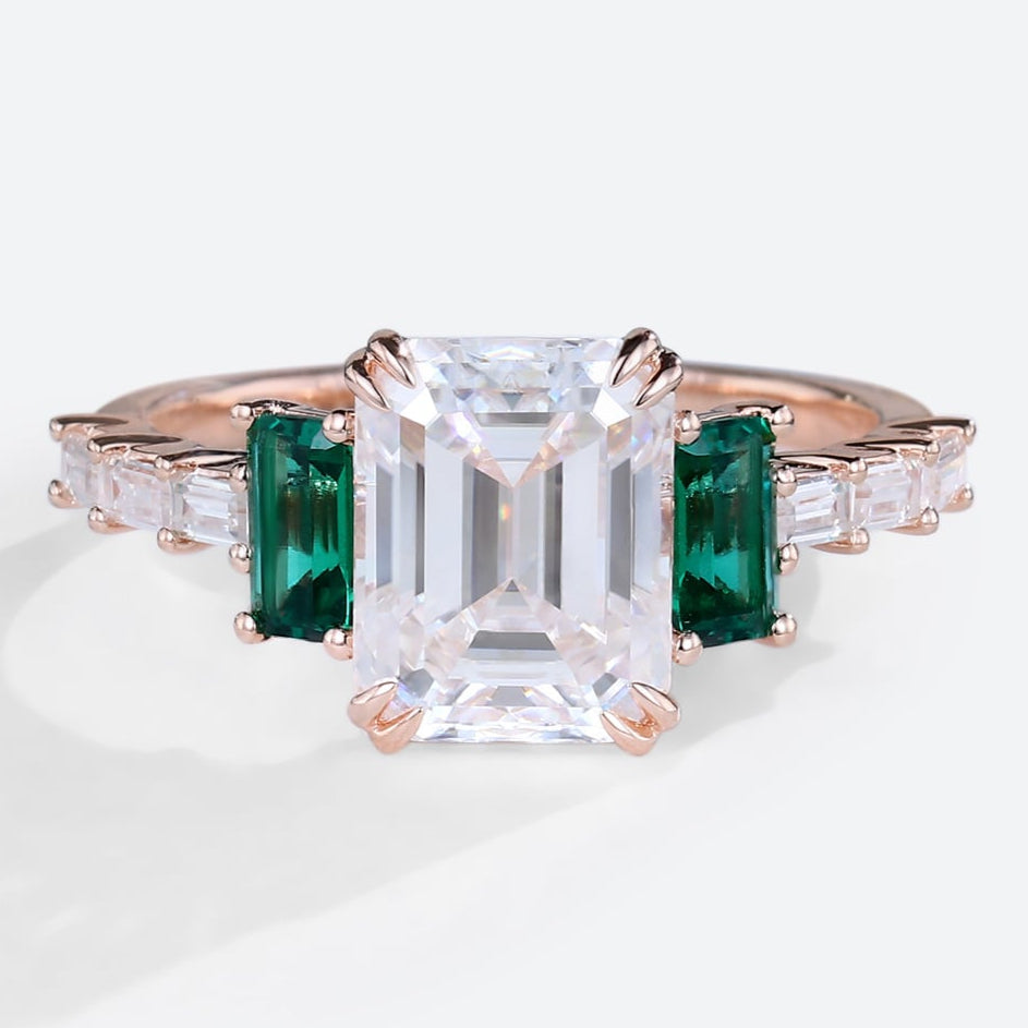 Emerald Cut Moissanite Engagement Ring Side Stone Bridal Ring