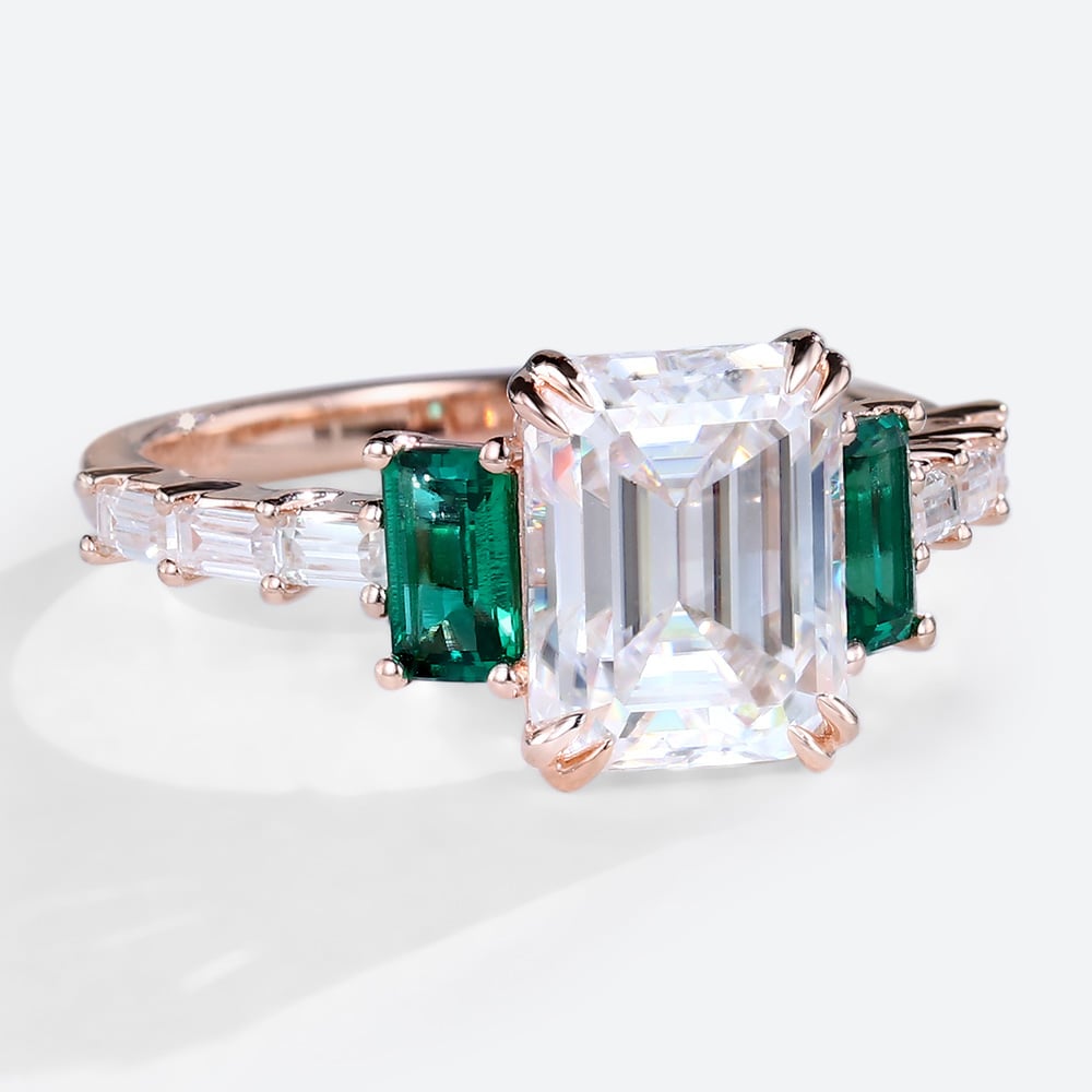 Emerald Cut Moissanite Engagement Ring Side Stone Bridal Ring